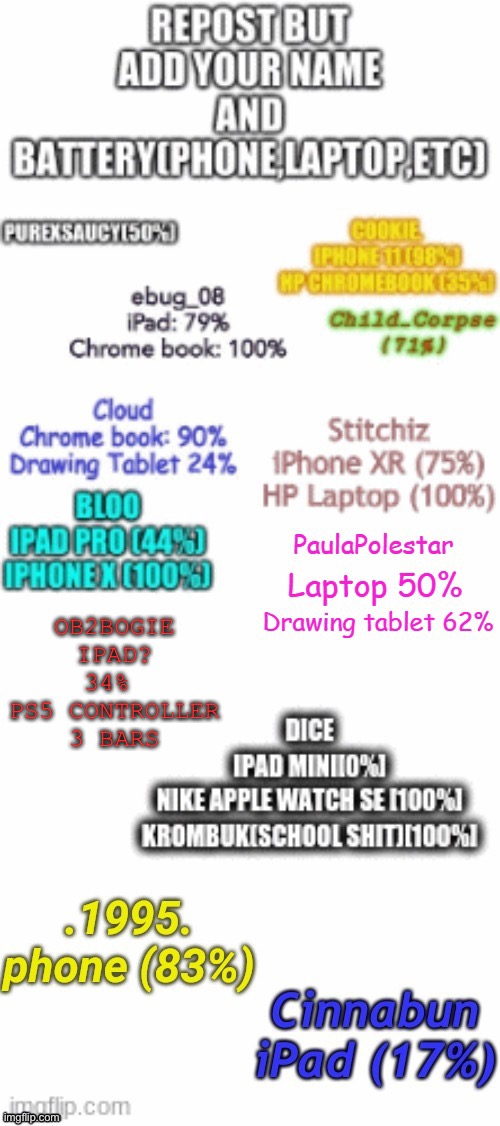 OB2BOGIE
IPAD? 34% 
PS5 CONTROLLER 3 BARS | image tagged in niceee | made w/ Imgflip meme maker