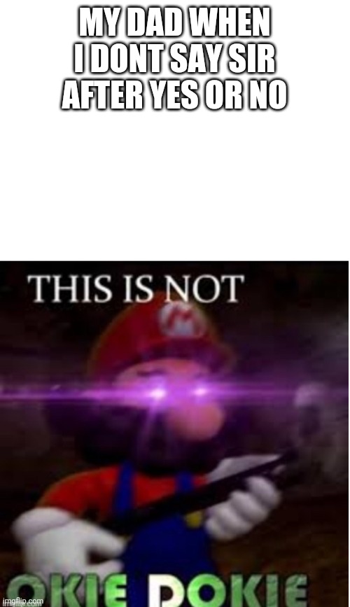 My dad is nice, but... | MY DAD WHEN I DONT SAY SIR AFTER YES OR NO | image tagged in mario not okie dokie | made w/ Imgflip meme maker