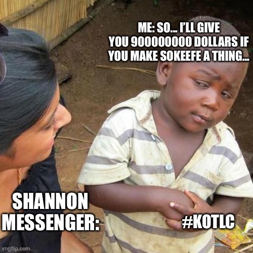 KotLC Sokeefe | ME: SO... I’LL GIVE YOU 900000000 DOLLARS IF YOU MAKE SOKEEFE A THING... #KOTLC; SHANNON MESSENGER: | image tagged in memes,third world skeptical kid,funny | made w/ Imgflip meme maker