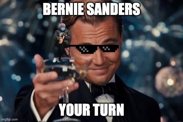 Leonardo Dicaprio Cheers | BERNIE SANDERS; YOUR TURN | image tagged in memes,leonardo dicaprio cheers,stupid | made w/ Imgflip meme maker