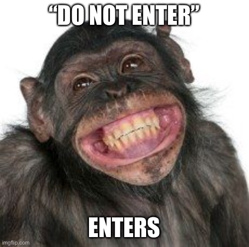 Grinning Chimp | “DO NOT ENTER”; ENTERS | image tagged in grinning chimp | made w/ Imgflip meme maker