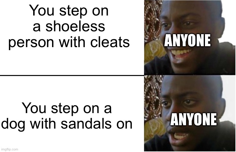 Never | You step on a shoeless person with cleats; ANYONE; You step on a dog with sandals on; ANYONE | image tagged in disappointed black guy | made w/ Imgflip meme maker