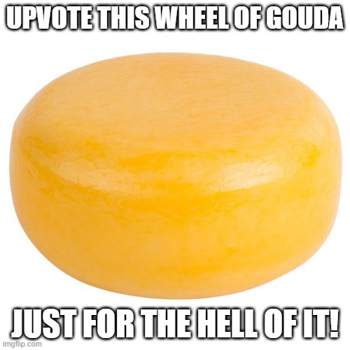 Upvote Cheese | UPVOTE THIS WHEEL OF GOUDA; JUST FOR THE HELL OF IT! | image tagged in upvote begging | made w/ Imgflip meme maker