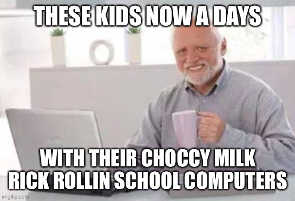 Harold | THESE KIDS NOW A DAYS WITH THEIR CHOCCY MILK RICK ROLLIN SCHOOL COMPUTERS | image tagged in harold | made w/ Imgflip meme maker