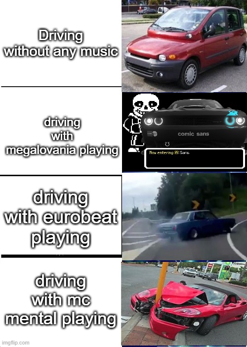 epic music + driving car = crash | Driving without any music; driving with megalovania playing; driving with eurobeat playing; driving with mc mental playing | image tagged in memes,expanding brain | made w/ Imgflip meme maker