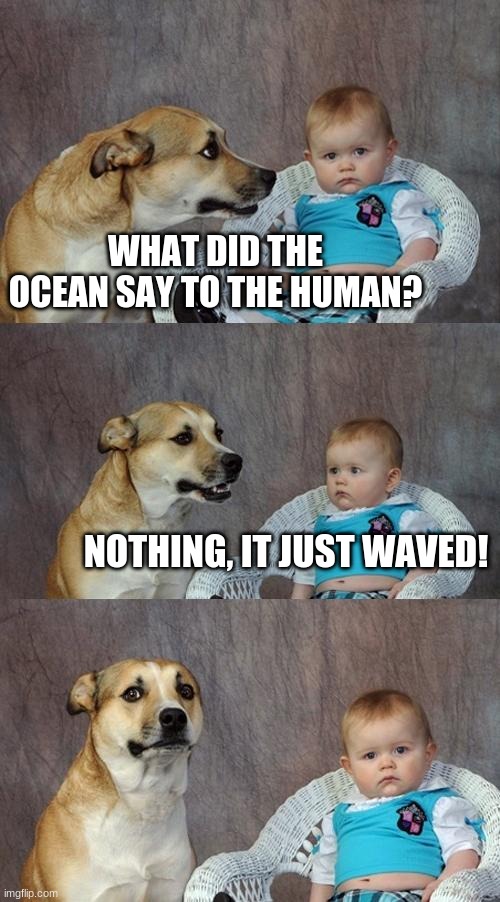 Water | WHAT DID THE OCEAN SAY TO THE HUMAN? NOTHING, IT JUST WAVED! | image tagged in memes,dad joke dog | made w/ Imgflip meme maker