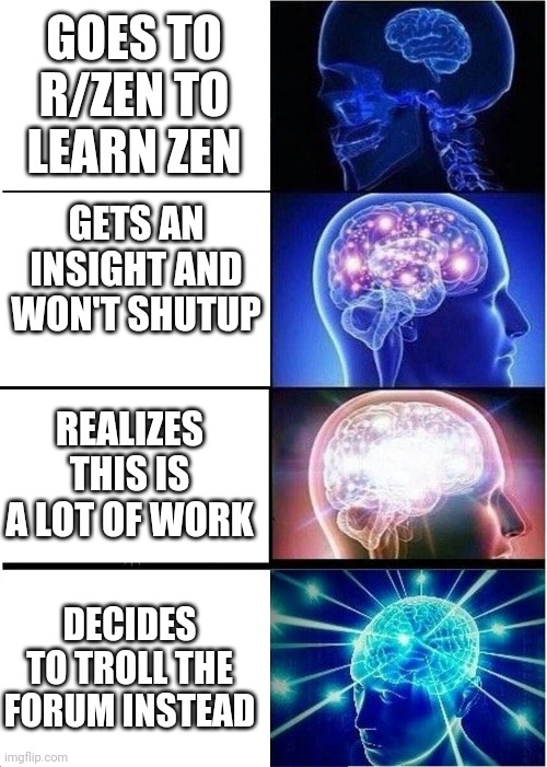 Expanding Brain Meme | GOES TO R/ZEN TO LEARN ZEN; GETS AN INSIGHT AND WON'T SHUTUP; REALIZES THIS IS A LOT OF WORK; DECIDES TO TROLL THE FORUM INSTEAD | image tagged in memes,expanding brain | made w/ Imgflip meme maker