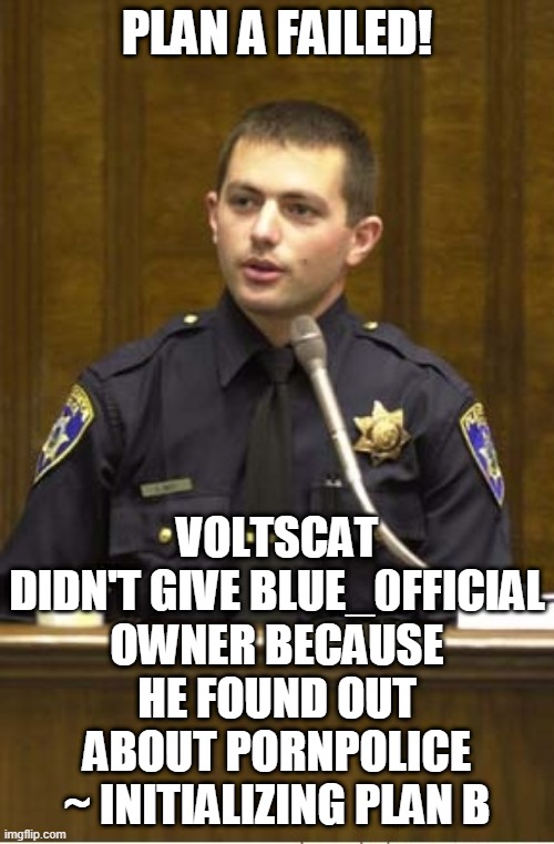 Plan B! | PLAN A FAILED! VOLTSCAT DIDN'T GIVE BLUE_0FFICIAL OWNER BECAUSE HE FOUND OUT ABOUT PORNPOLICE ~ INITIALIZING PLAN B | image tagged in memes,police officer testifying | made w/ Imgflip meme maker