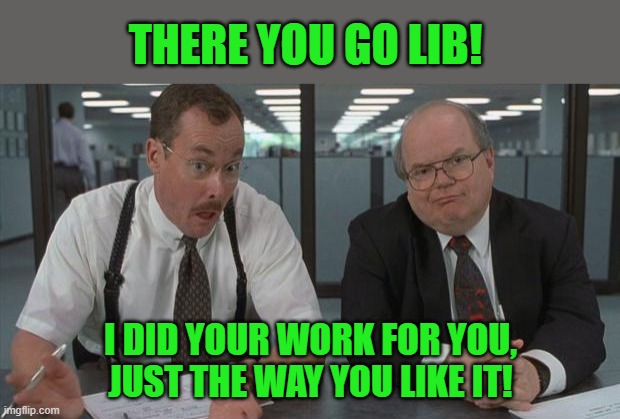 office space what do you do here | THERE YOU GO LIB! I DID YOUR WORK FOR YOU, JUST THE WAY YOU LIKE IT! | image tagged in office space what do you do here | made w/ Imgflip meme maker