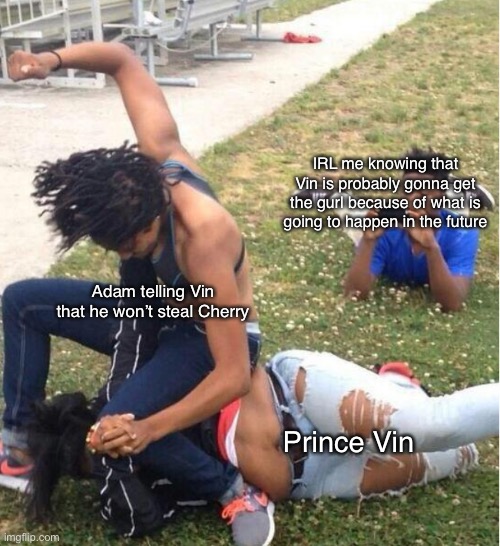 Guy recording a fight | IRL me knowing that Vin is probably gonna get the gurl because of what is going to happen in the future; Adam telling Vin that he won’t steal Cherry; Prince Vin | image tagged in guy recording a fight,prince vin belongs to,princevince64,follow him now | made w/ Imgflip meme maker