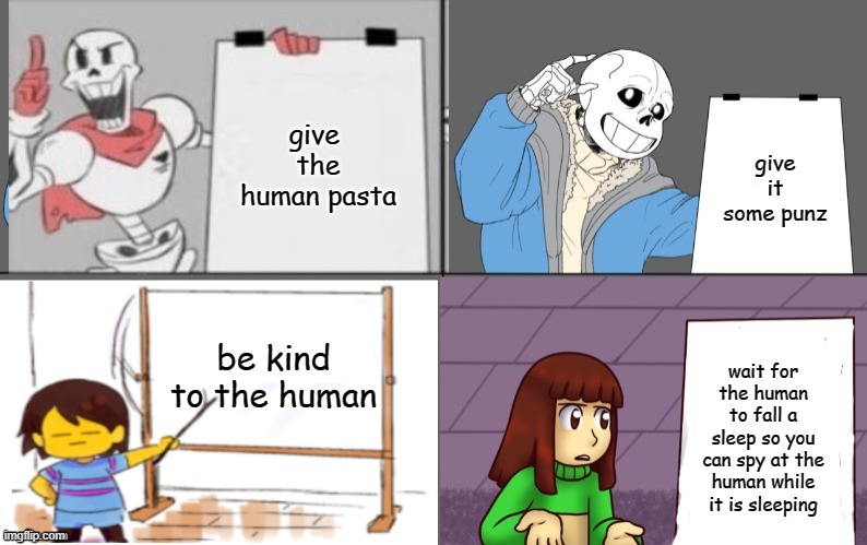 Ultimate undertale plan | give  the human pasta; give it some punz; be kind to the human; wait for the human to fall a sleep so you can spy at the human while it is sleeping | image tagged in ultimate undertale plan | made w/ Imgflip meme maker