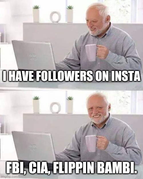 Oof harold | I HAVE FOLLOWERS ON INSTA; FBI, CIA, FLIPPIN BAMBI. | image tagged in memes,hide the pain harold,oof | made w/ Imgflip meme maker