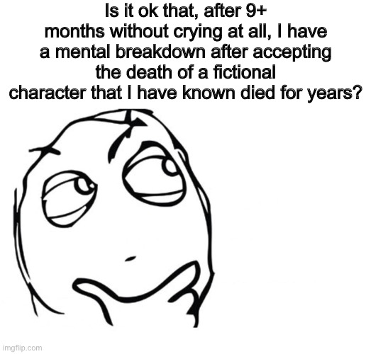 I really want to know. Explain, but do not expect a response. | Is it ok that, after 9+ months without crying at all, I have a mental breakdown after accepting the death of a fictional character that I have known died for years? | image tagged in hmmm | made w/ Imgflip meme maker