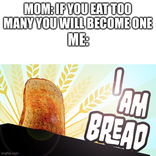 Bread | MOM: IF YOU EAT TOO MANY YOU WILL BECOME ONE; ME: | image tagged in bread | made w/ Imgflip meme maker
