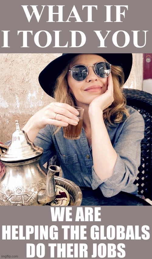 Kylie tea | WHAT IF I TOLD YOU WE ARE HELPING THE GLOBALS DO THEIR JOBS | image tagged in kylie tea | made w/ Imgflip meme maker