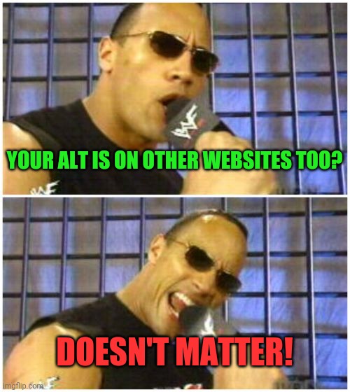 The Rock It Doesn't Matter Meme | YOUR ALT IS ON OTHER WEBSITES TOO? DOESN'T MATTER! | image tagged in memes,the rock it doesn't matter | made w/ Imgflip meme maker