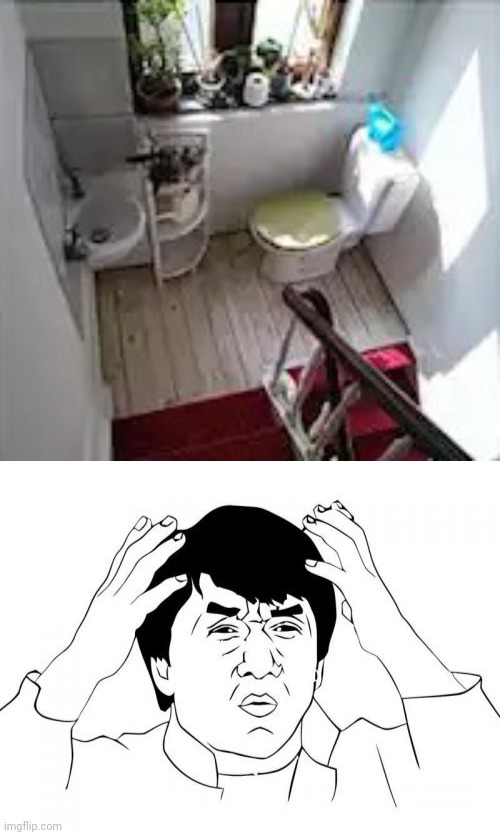 Hang on, there are staircases to the bathroom??? | image tagged in jackie chan wtf,bathroom,funny,you had one job just the one,design fails,fallout hold up | made w/ Imgflip meme maker