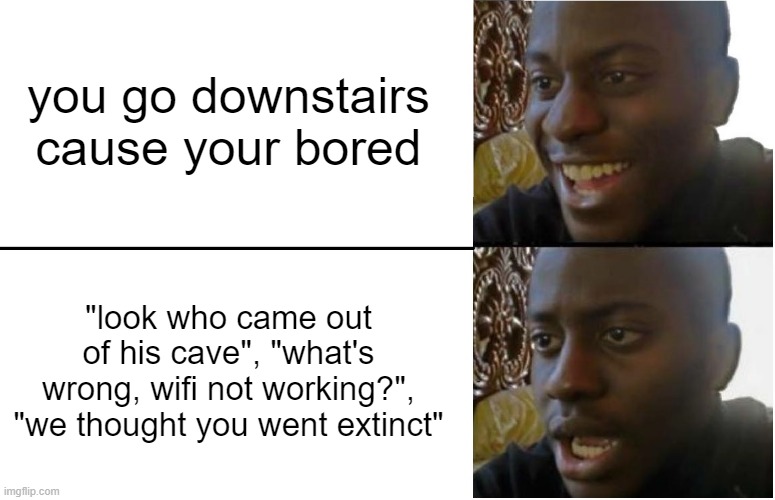 im going back upstairs | you go downstairs cause your bored; "look who came out of his cave", "what's wrong, wifi not working?", "we thought you went extinct" | image tagged in disappointed black guy,memes | made w/ Imgflip meme maker