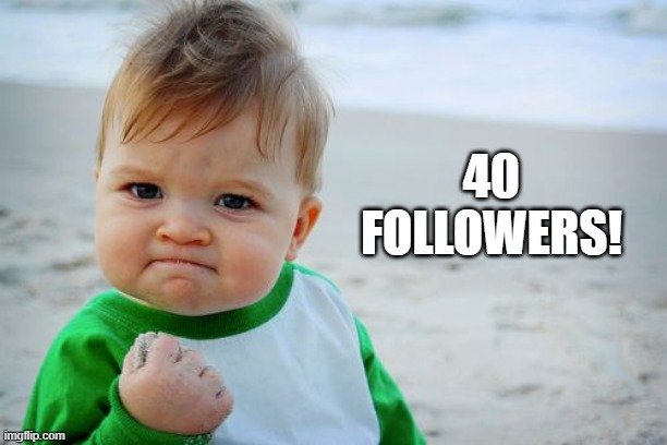 40 FOLLOWERS!!! | 40 FOLLOWERS! | image tagged in memes,success kid original,crazy,mad,mad pride | made w/ Imgflip meme maker