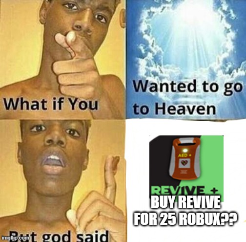 roblox logic | BUY REVIVE FOR 25 ROBUX?? | image tagged in what if you wanted to go to heaven,roblox meme | made w/ Imgflip meme maker