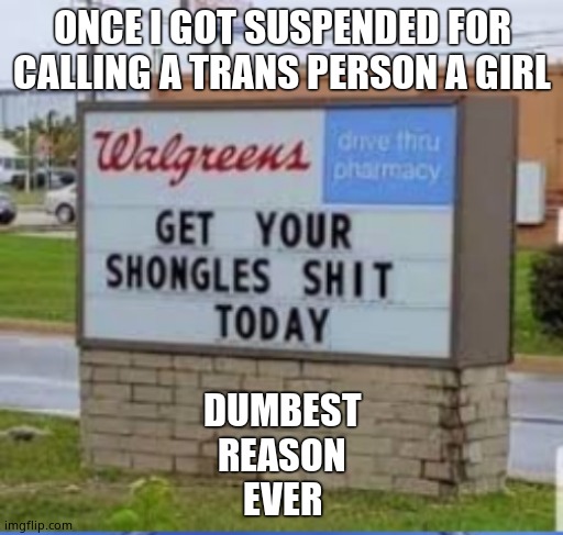 Shongles Shit | ONCE I GOT SUSPENDED FOR CALLING A TRANS PERSON A GIRL; DUMBEST
REASON
EVER | image tagged in shongles shit | made w/ Imgflip meme maker