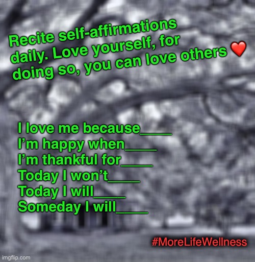 Self Love | Recite self-affirmations daily. Love yourself, for doing so, you can love others ❤️; I love me because____
I’m happy when____
I’m thankful for____
Today I won’t____
Today I will____
Someday I will____; #MoreLifeWellness | image tagged in love,self,motivational | made w/ Imgflip meme maker