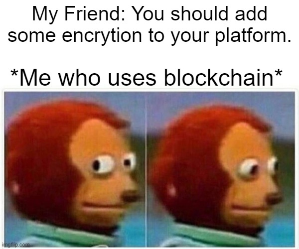 Blockchain is here :P | My Friend: You should add some encrytion to your platform. *Me who uses blockchain* | image tagged in memes,monkey puppet | made w/ Imgflip meme maker