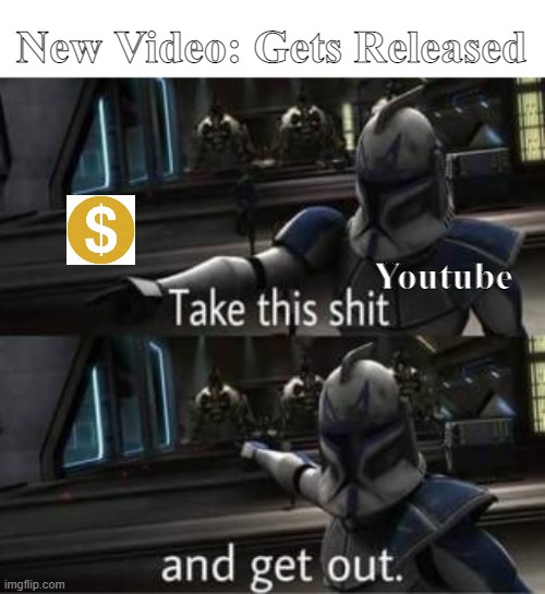 Youtube Nowadays | New Video: Gets Released; Youtube | image tagged in take this shit and get out | made w/ Imgflip meme maker