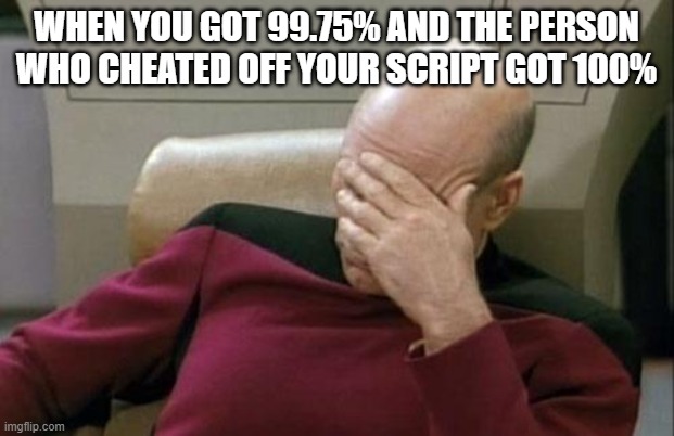 Captain Picard Facepalm Meme | WHEN YOU GOT 99.75% AND THE PERSON WHO CHEATED OFF YOUR SCRIPT GOT 100% | image tagged in memes,captain picard facepalm | made w/ Imgflip meme maker