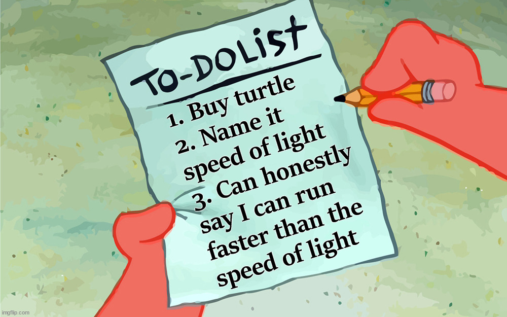 patrick to do list actually blank | 1. Buy turtle
2. Name it speed of light
3. Can honestly say I can run 
faster than the 
speed of light | image tagged in patrick to do list actually blank | made w/ Imgflip meme maker