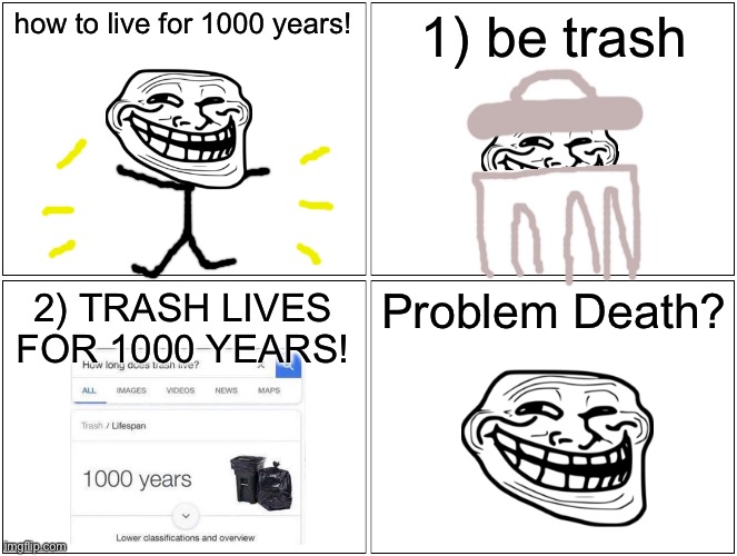 How to Live for 1000 years! | how to live for 1000 years! 1) be trash; 2) TRASH LIVES FOR 1000 YEARS! Problem Death? | image tagged in memes,blank comic panel 2x2,1000 years,how long does trash live,troll,rage comics | made w/ Imgflip meme maker