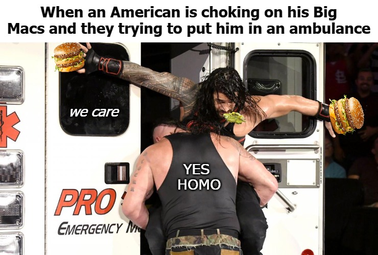 When an American is choking on his Big Macs and they trying to put him in an ambulance; we care; YES
 HOMO | image tagged in big mac | made w/ Imgflip meme maker
