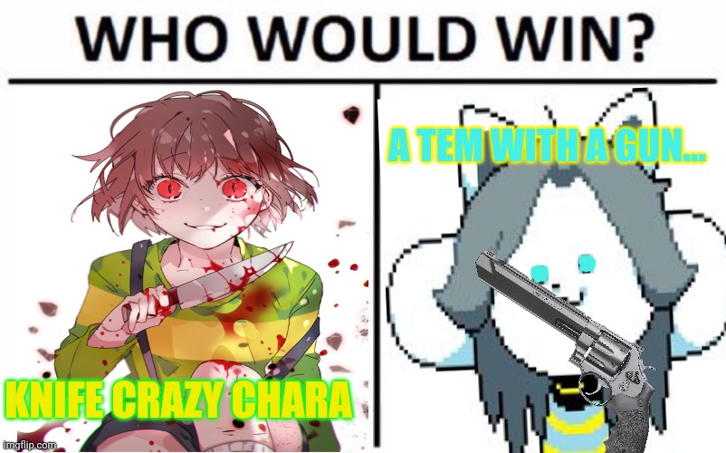 Chara vs temmie | A TEM WITH A GUN... KNIFE CRAZY CHARA | image tagged in memes,who would win,chara,temmie,undertale | made w/ Imgflip meme maker