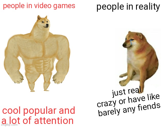 idk why I made this | people in video games; people in reality; just real crazy or have like barely any fiends; cool popular and a lot of attention | image tagged in memes,buff doge vs cheems | made w/ Imgflip meme maker