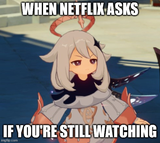 bruh |  WHEN NETFLIX ASKS; IF YOU'RE STILL WATCHING | image tagged in genshin impact paimon,netflix,bruh,srsly,seriously,for real | made w/ Imgflip meme maker