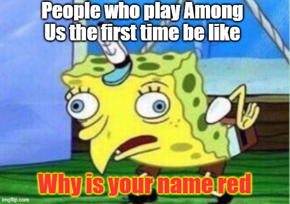 Mocking Spongebob Meme | People who play Among Us the first time be like; Why is your name red | image tagged in memes,mocking spongebob | made w/ Imgflip meme maker