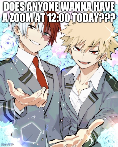 I'm at lunch around 12:00 | DOES ANYONE WANNA HAVE A ZOOM AT 12:00 TODAY??? | image tagged in anime,my hero academia | made w/ Imgflip meme maker