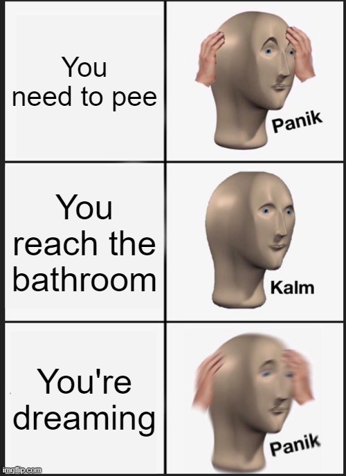 Panik Kalm Panik | You need to pee; You reach the bathroom; You're dreaming | image tagged in memes,panik kalm panik | made w/ Imgflip meme maker