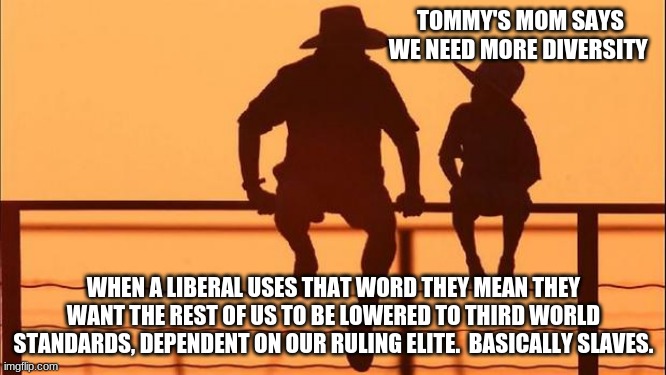 Cowboy wisdom on fake diversity |  TOMMY'S MOM SAYS WE NEED MORE DIVERSITY; WHEN A LIBERAL USES THAT WORD THEY MEAN THEY WANT THE REST OF US TO BE LOWERED TO THIRD WORLD STANDARDS, DEPENDENT ON OUR RULING ELITE.  BASICALLY SLAVES. | image tagged in liberal privilege,fake diversity is criminal,3rd world standards,fight anti white racism,words matter,cowboy wisdom | made w/ Imgflip meme maker
