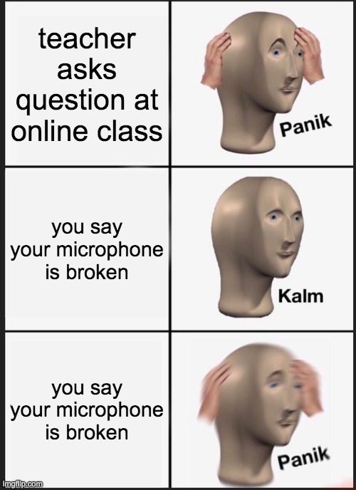 meme 2 | teacher asks question at online class; you say your microphone is broken; you say your microphone is broken | image tagged in memes,panik kalm panik | made w/ Imgflip meme maker