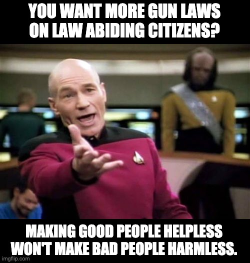 2nd Amendment Infringements | YOU WANT MORE GUN LAWS ON LAW ABIDING CITIZENS? MAKING GOOD PEOPLE HELPLESS WON'T MAKE BAD PEOPLE HARMLESS. | image tagged in memes,picard wtf | made w/ Imgflip meme maker