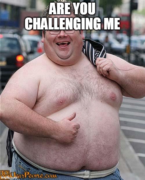 fat guy | ARE YOU CHALLENGING ME | image tagged in fat guy | made w/ Imgflip meme maker