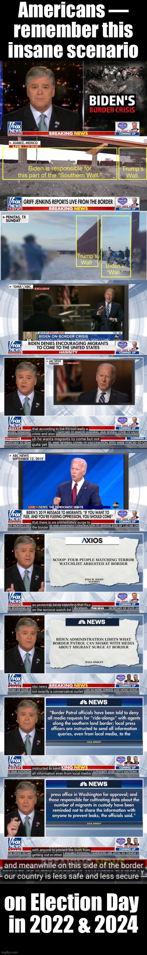 The crisis at the U.S.-Mexico border proves that the Biden regime does not care one iota about the American people. | Americans —
remember this
insane scenario; on Election Day 
in 2022 & 2024 | image tagged in joe biden,creepy joe biden,biden,democrat party,democratic socialism,dictator | made w/ Imgflip meme maker