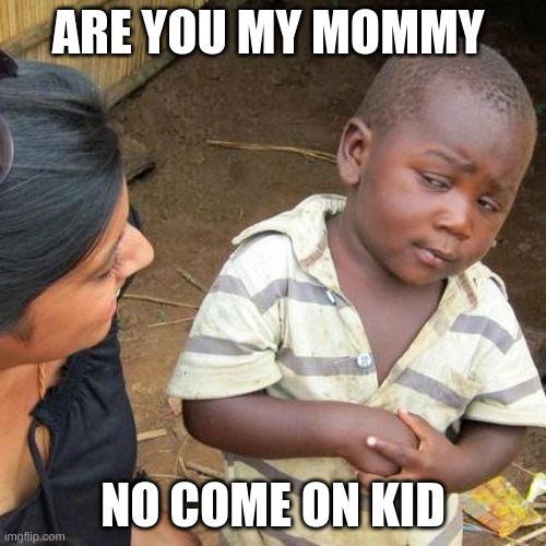 Third World Skeptical Kid | ARE YOU MY MOMMY; NO COME ON KID | image tagged in memes,third world skeptical kid | made w/ Imgflip meme maker
