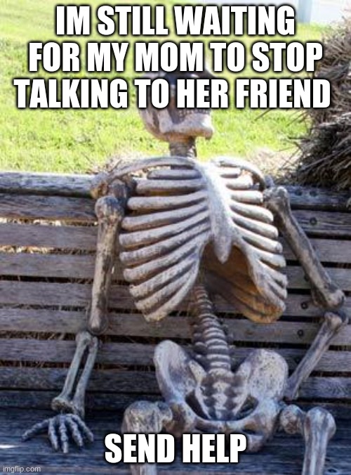 send help | IM STILL WAITING FOR MY MOM TO STOP TALKING TO HER FRIEND; SEND HELP | image tagged in memes,waiting skeleton | made w/ Imgflip meme maker