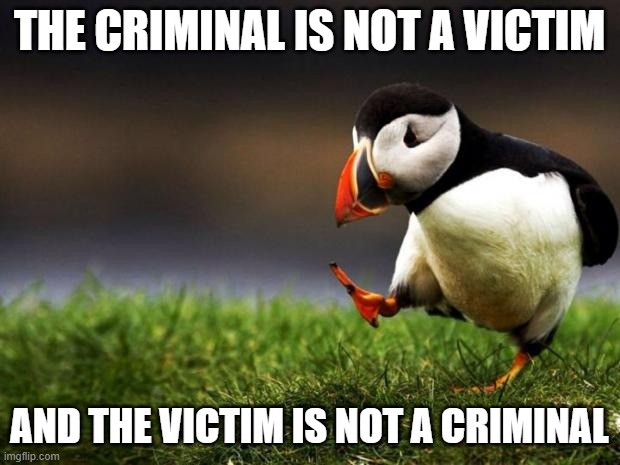 We need to stop victim blaming and crime apologism | THE CRIMINAL IS NOT A VICTIM; AND THE VICTIM IS NOT A CRIMINAL | image tagged in memes,unpopular opinion puffin,victim blaming,crime | made w/ Imgflip meme maker