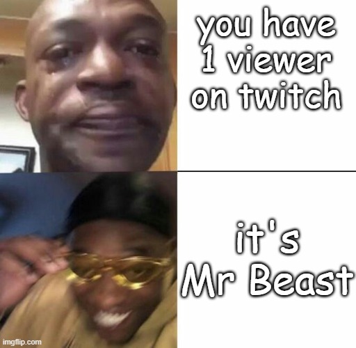Sad then happy | you have 1 viewer on twitch; it's Mr Beast | image tagged in sad then happy | made w/ Imgflip meme maker