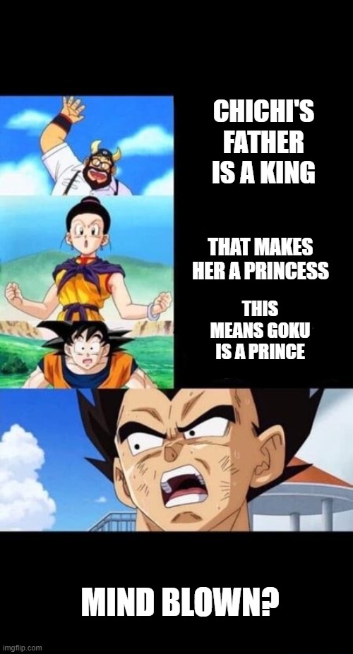 Goku SCiEncE | CHICHI'S FATHER IS A KING; THAT MAKES HER A PRINCESS; THIS MEANS GOKU IS A PRINCE; MIND BLOWN? | image tagged in dragon ball super,goku,is,a,prince | made w/ Imgflip meme maker