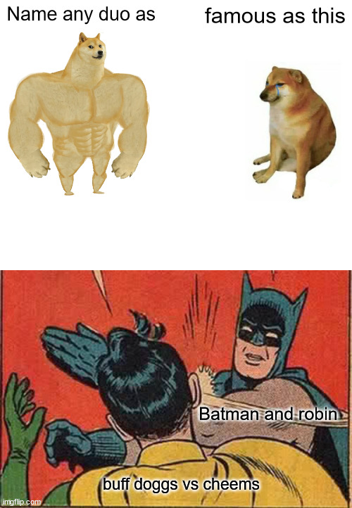 Name any duo as; famous as this; Batman and robin; buff doggs vs cheems | image tagged in memes,buff doge vs cheems,batman slapping robin | made w/ Imgflip meme maker