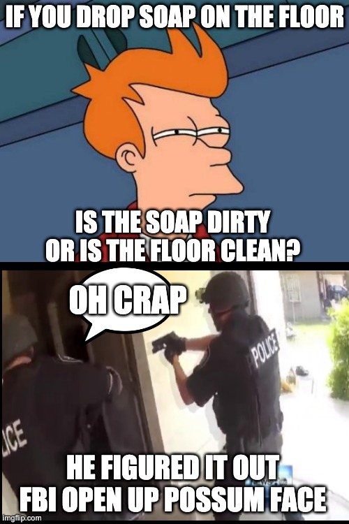 Futurama Fry Meme | IF YOU DROP SOAP ON THE FLOOR; IS THE SOAP DIRTY OR IS THE FLOOR CLEAN? OH CRAP; HE FIGURED IT OUT FBI OPEN UP POSSUM FACE | image tagged in memes,futurama fry | made w/ Imgflip meme maker
